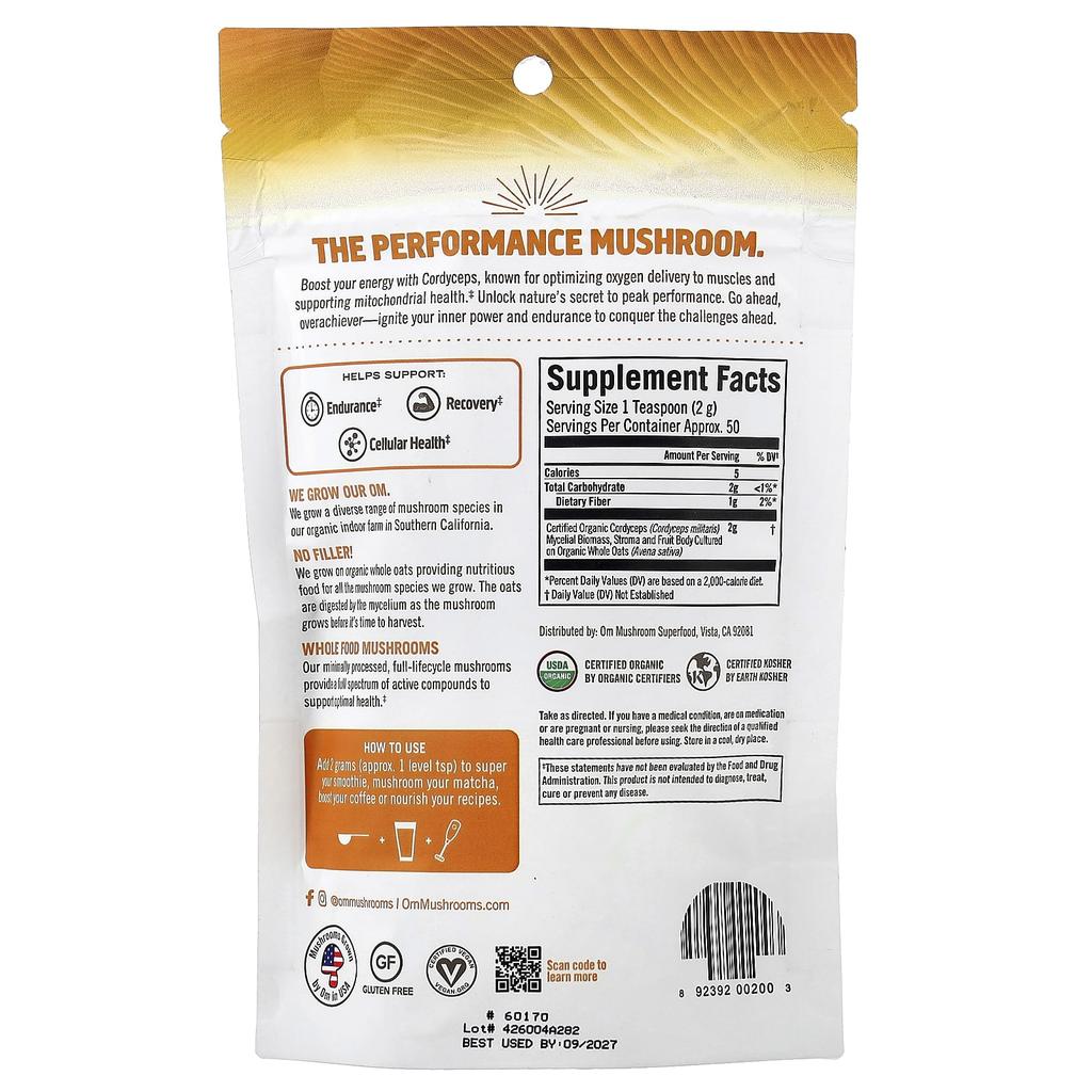 Certified Organic Mushroom Powder, Cordyceps Sinensis, 100G(3.5Oz)