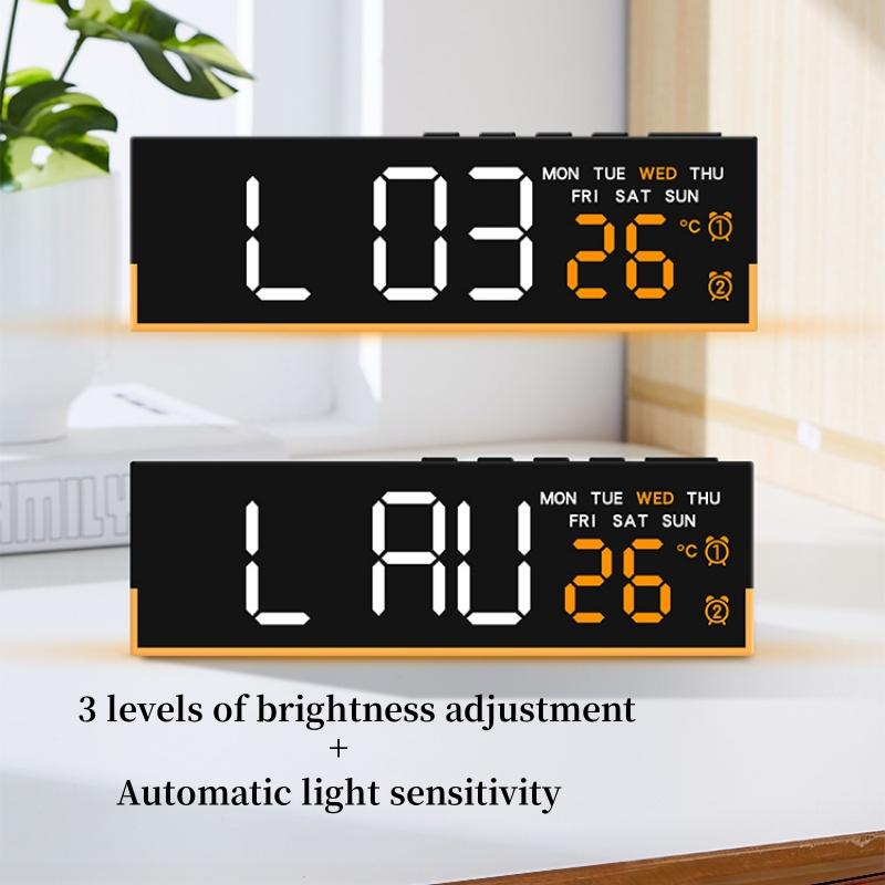 Ceas de alarmă LED digital Temperatură Afișare săptămână dată 2 alarme Lumină ambientală Ajustare luminozitate Ceas electronic de masă Snooze