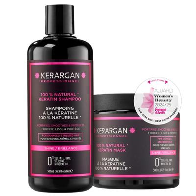Keratin sjampo og maske for å styrke og beskytte - For tørt og skadet hår - Fri for sulfat, parabener og silikon - 2x500 ml
