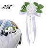 Romantic Wedding Car Decor Artificial White Rose Decoration, Door Handle & Rearview Mirror Flower Bouquet All Weather Set with Satin Ribbon