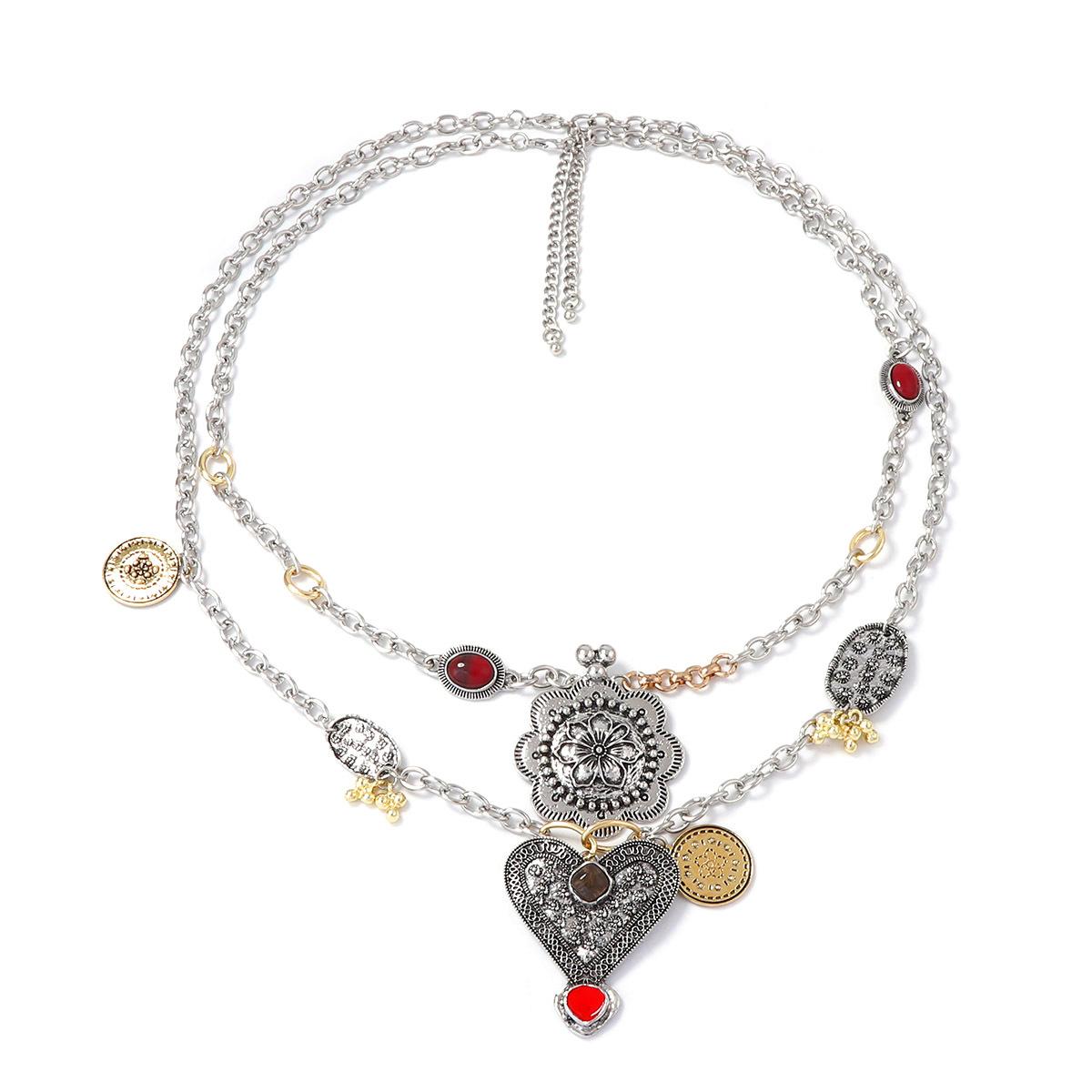 

Retro trend alloy exaggerated ancient silver flower flower unique love pendant double stacked necklace