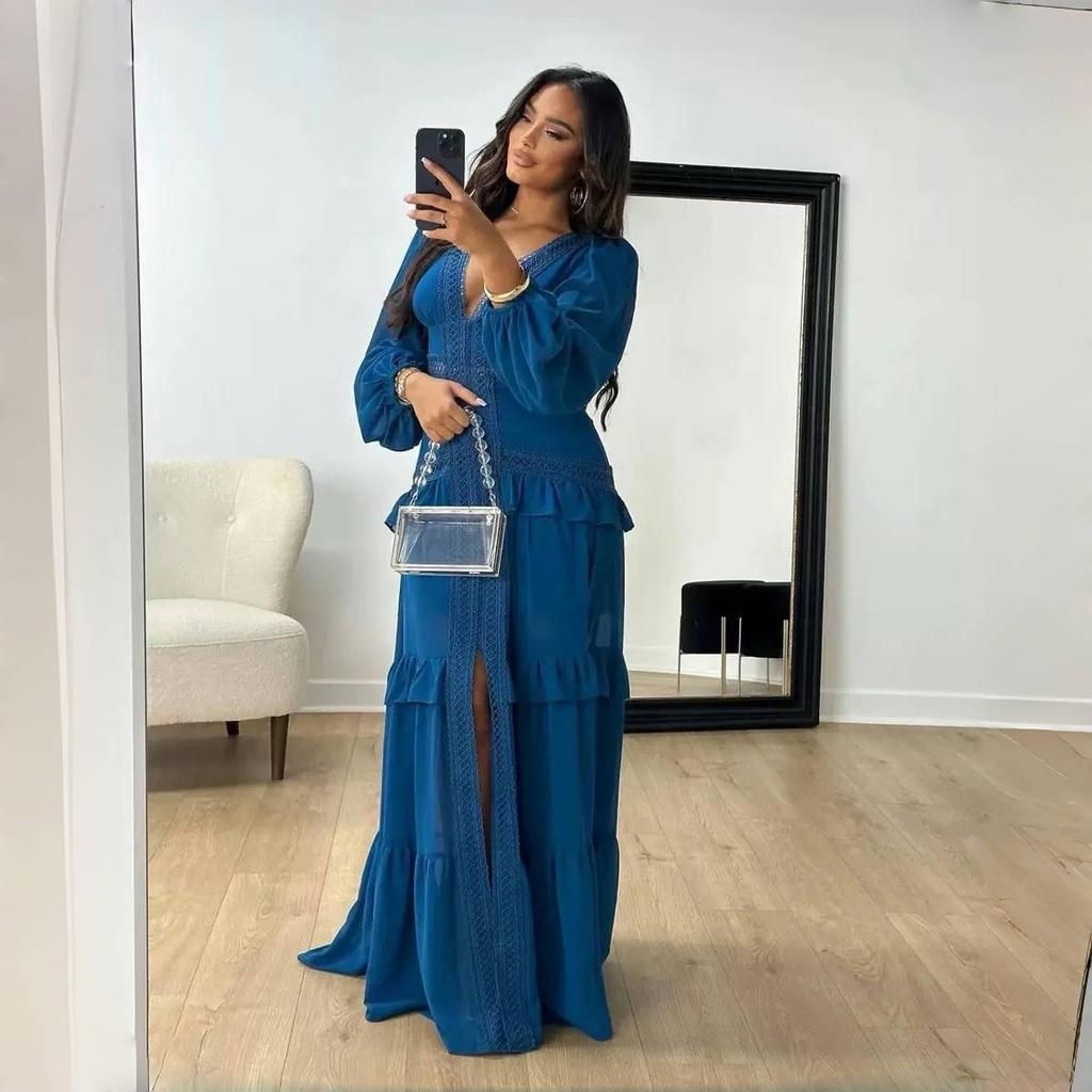 LYRIA Women Elegant Layered Ruffles Patchwork Long Dress Chic V Neck Puff Full Sleeves Split Maxi Dresses Fashion Lady Party Robes