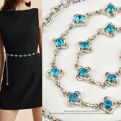 European and American Fashionable Blue Rhinestone Waist Chain for Women Simple Matching Dress Decorative Metal Waist Chain for Women