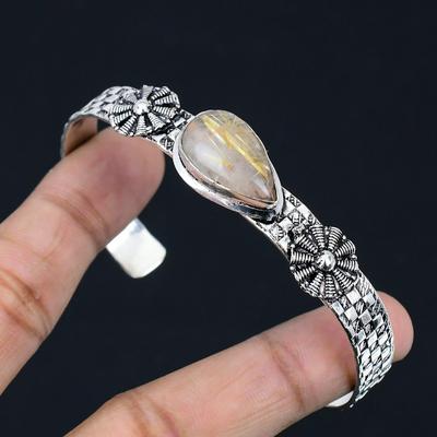 Daughters Day Deal 925 Silver Pear Natural Golden Rutile Art Deco Sister Bangle