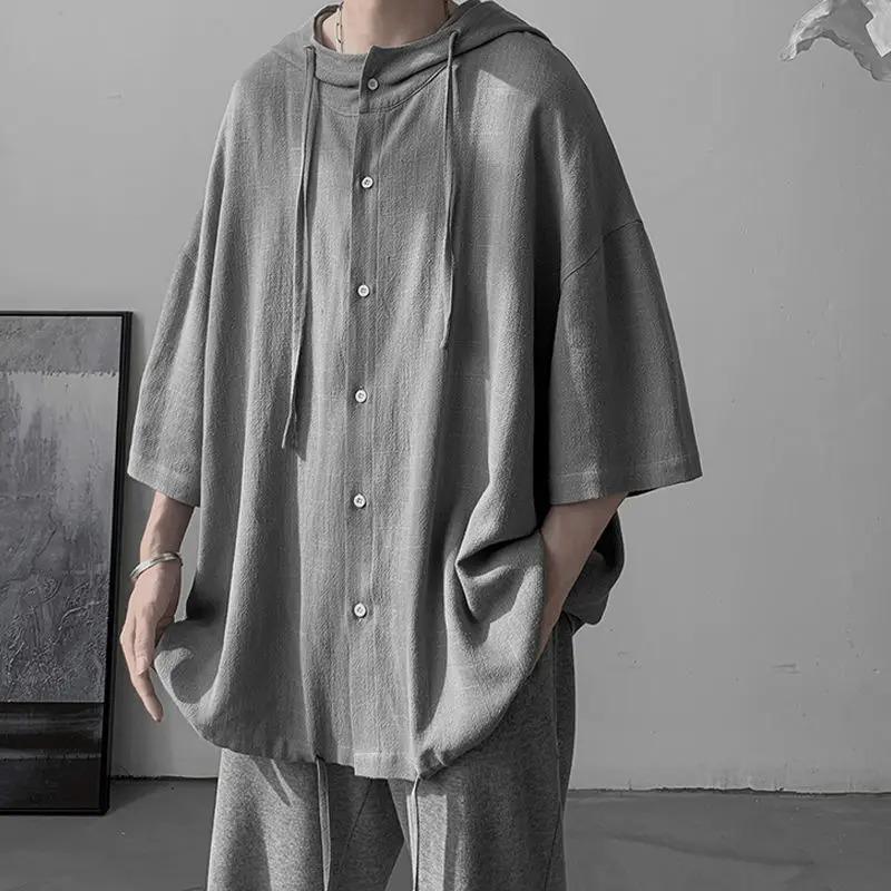 Camicia Oversize Vintage Stile Giapponese Estiva Uomo Casual Larga con Cappuccio Blusa All-Match Moda Streetwear Abbigliamento