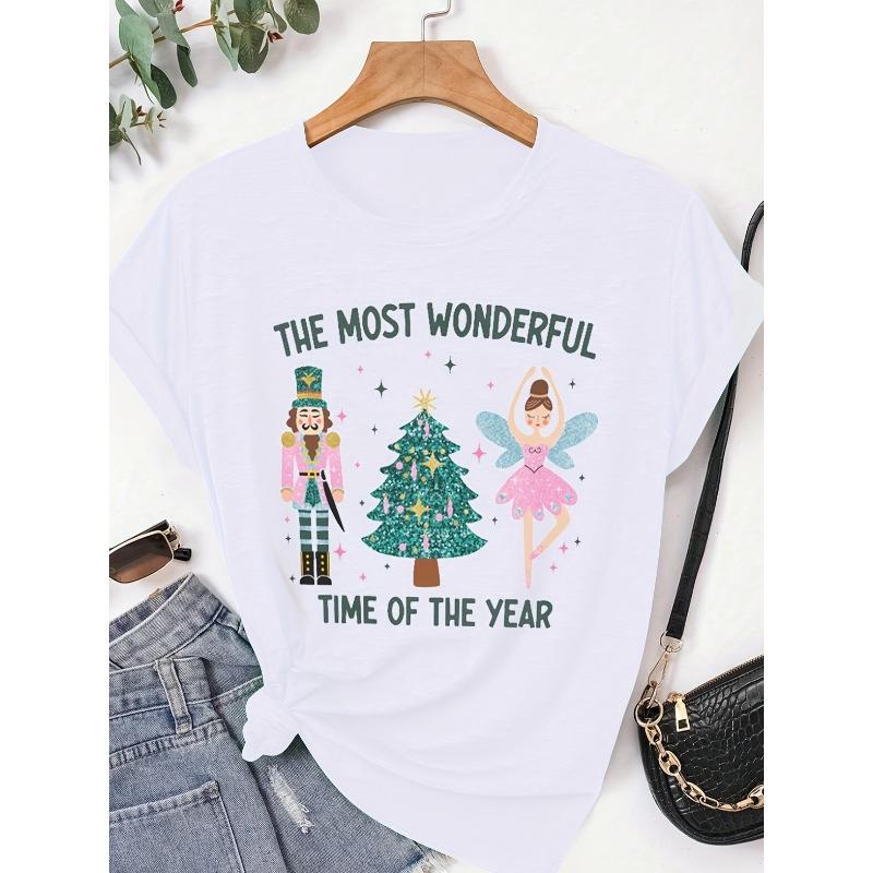 European sizes Women  Casual T-Shirt - Cozy Round Neck Tee with Cursive Lettering, - Fit S