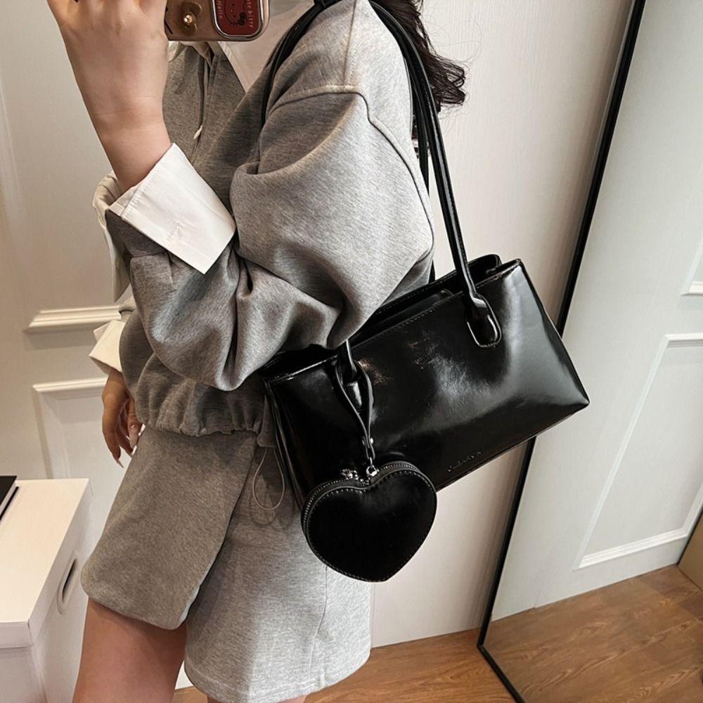 Solid Color Glossy Black Shoulder Bag Korean Style Small Square Bag French Underarm Bag Girls
