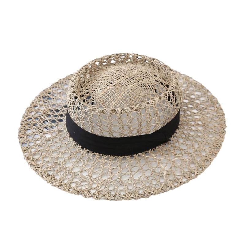 Woven Straw Hat Beach Sun Hat Hollows Out Sunhat Stylish Wide Border Hat for Casual Outings