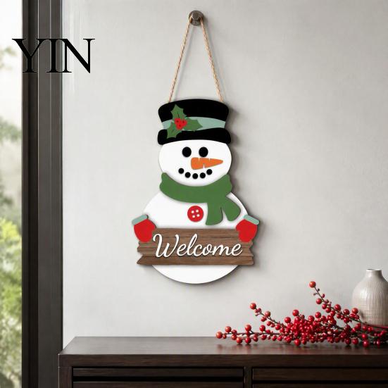 Christmas Tree Wall Decoration 2D Wooden Welcome Hanging Sign, Cartoon Santa Snowman Xmas Party Decor Door Hanger with Rope, Porch Front Holiday