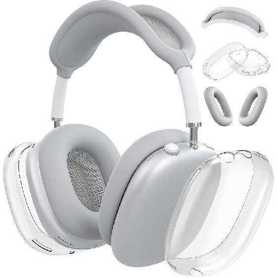 Чехол-накладка для наушников AirPods Max, Силиконовая накладка на амбушюры/оголовье/Прозрачные мягкие TPU амбушюры, [3 в 1] Защитные аксессуары для Apple для AirPod A5-Silver Grey