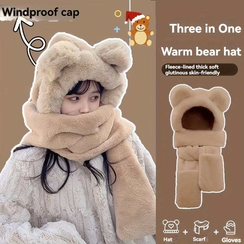 

Зимний теплый набор из трех предметов: шапка, шарф, перчатки. Утолщенный, милый плюшевый медведь, грелка для шеи из искусственного кроличьего меха.