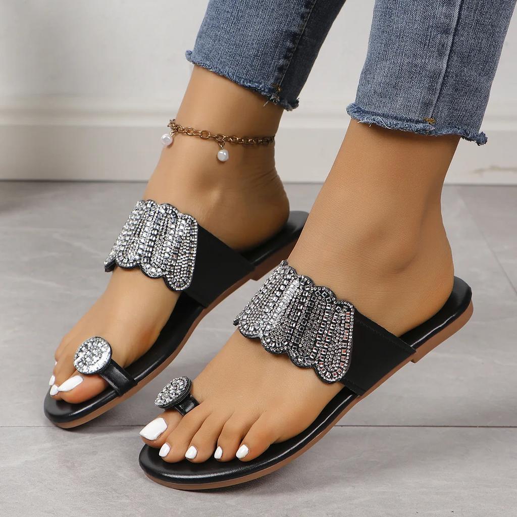 Slippers for Women Summer Open Toe Pinch Toe Slippers Fashion Rhinestone Casual Sandals Non-slip Flat Slippers Women Flip Flops