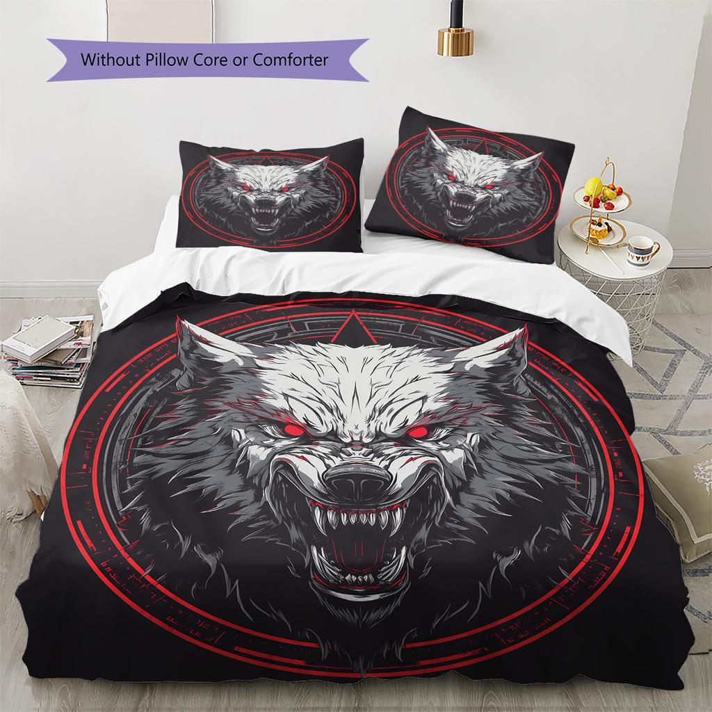 Red-Eyed Wolf  Pattern Bedding Quilt Set Quilt Cover Pillowcase Home Decoration  Gift (1 * Duvet Cover + 2 * Pillowcase, Without Core)