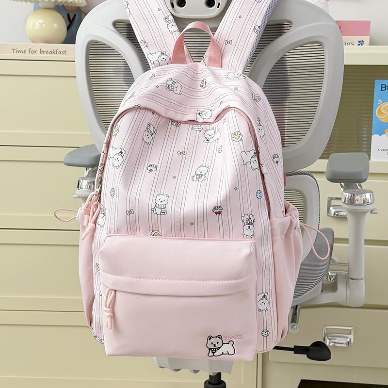 Schoolbag Female Japanese Small Fresh Sweet Printed Bear Striped Backpack Junior High School Student Lightweight Large Capacity Backpack