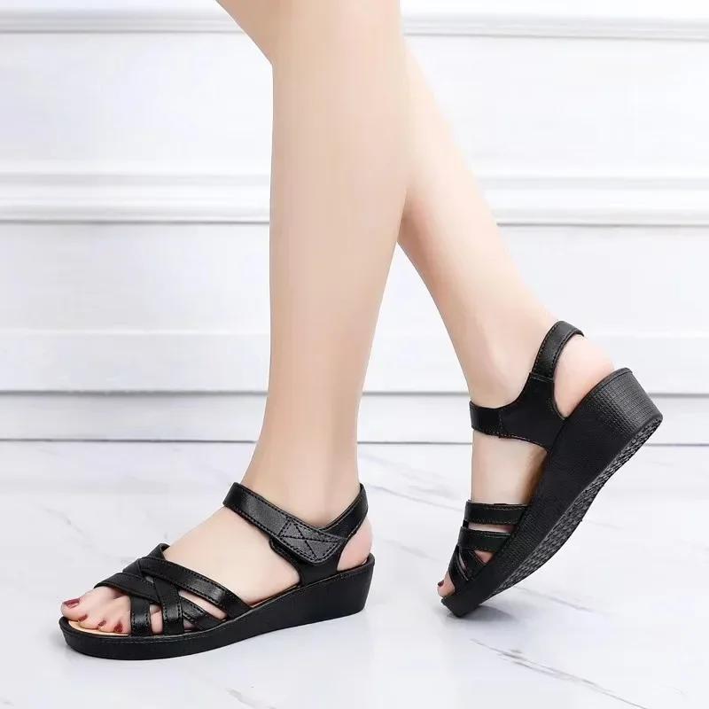Women's Summer New Soft Sole Non Slip Comfortable Casual Shoes with Sloping Heel and Thick Sole Velcro Breathable Sandals