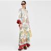 Rochie maxi cu îmbinare cu imprimare 3D Robe pentru femei musulmane, de epocă, cu decolteu în V, cu mâneci lungi evazate, de vară, rochii elegante de petrecere pentru femei