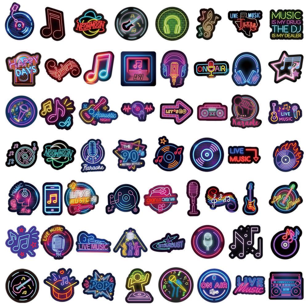 55pcs Cartoon Neon Music Graffiti Waterproof Stickers for Planners, Water Bottles, and Computers
