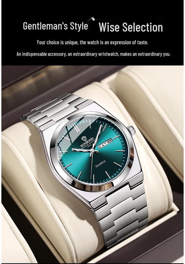 Binbang BINBOND Men's Fashion Stainless Steel Buckle Quartz Watch with Thin Double Calendar - Business Casual Style