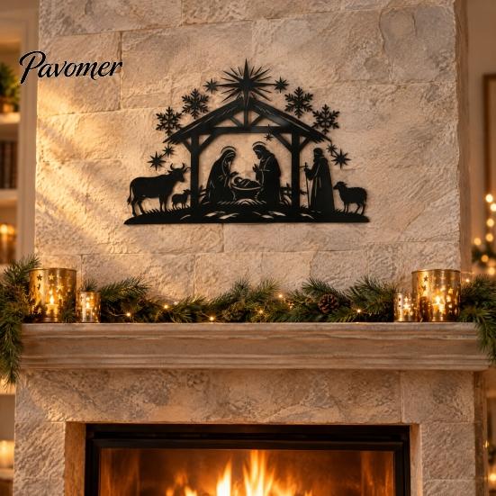 Iron Wall Hanging Art Nativity Scene Silhouette Decoration, Metal Manger Ornament for Indoor Waterproof Christmas Yard Sign and Outdoor Home