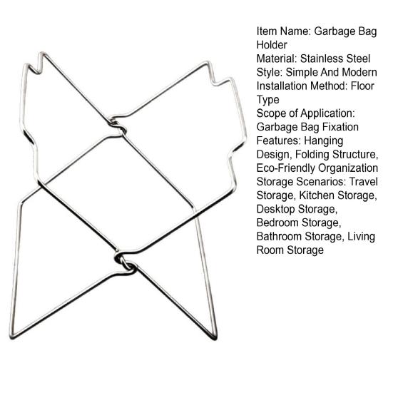 Stainless Steel Garbage Bag Holder Hanging Design Folding Structure Versatile Folding Waste Bin Stand No-installation Garbage Holder