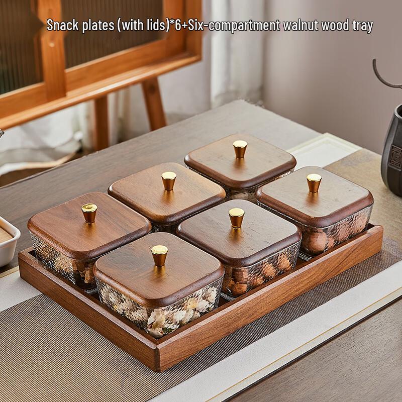 Walnut Wood Divided Serving Platter 6-Compartment with Lid