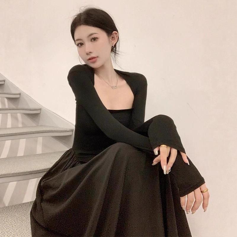 New Korean version black French dress women's Hepburn style small black dress thin design temperament long dress