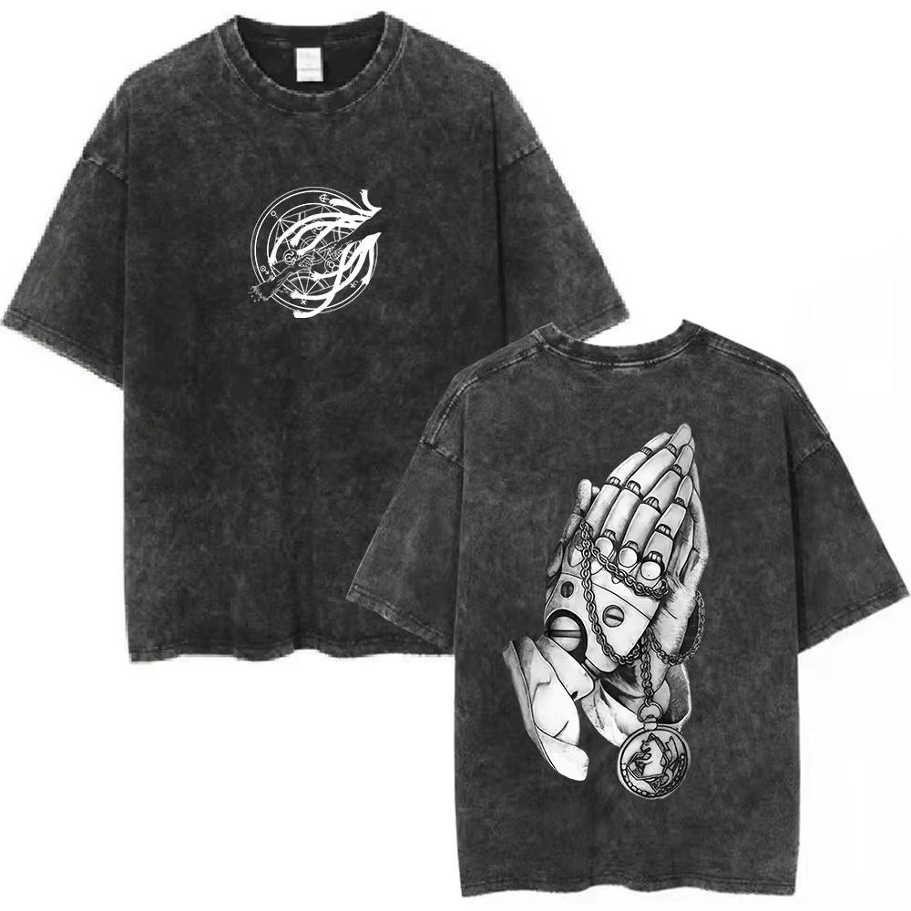 Anime Fullmetal Alchemist Graphic T‑Shirt Men Women Casual Oversized Vintage Washed Cotton Short Sleeve Streetwear Tee Tops
