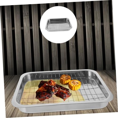 GRIRIW Stainless Steel Baking Tray with Rack, Oven Tray Set, Rectangular Kitchen Pan, Multifunctional Ovenware for Toaster, Baking, and Serving