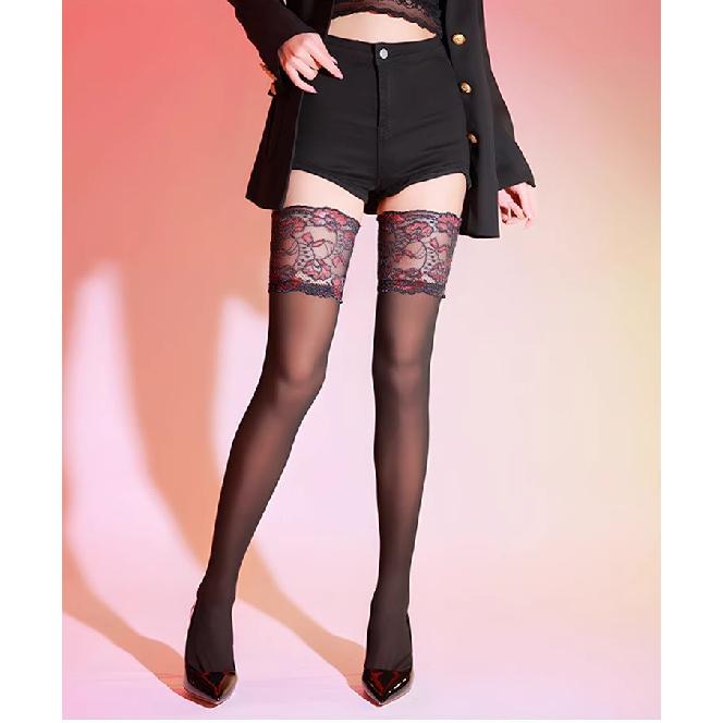 Lace-trimmed long stockings for women, autumn and winter, fleece-lined, warm, matte, non-slip, over-the-knee, thigh-high black stockings