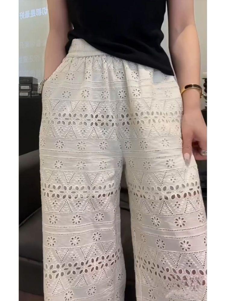 Autumn Y2k Thin Lace Hollow Out Long Pants Women Harajuku Casual Wide Leg Pants Loose Korean Fashion Designer Straight Pants New