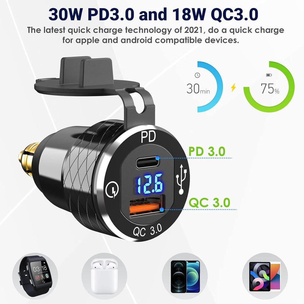 USB C 30W PD3.0 Fast Charger Din to USB, Hella Plug USB Adapter, 18W QC3.0 Power Outlet, Aluminum Voltmeter for 12V-24V Ducati Triumph BMW Motorcycle