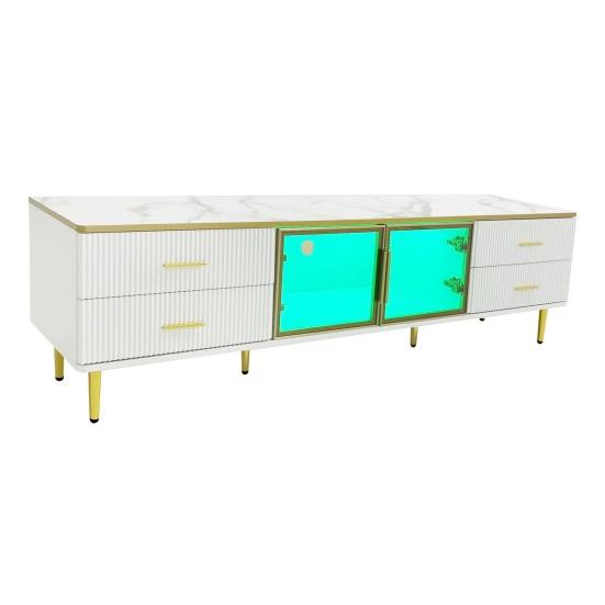 TV Cabinet with LED Light 4 Drawers Spacious Countertop High-Gloss Television Stand Painting Mid Century Modern Living Room Furniture Console