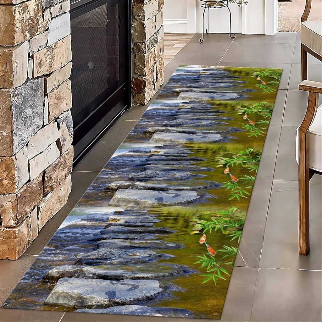 Pond Koi Throw Carpet Runner for Entrance, Summer Lotus Leaf Lotus Water Ripple Indoor Rug, Anti-Slip Absorbent Mat for Hallway