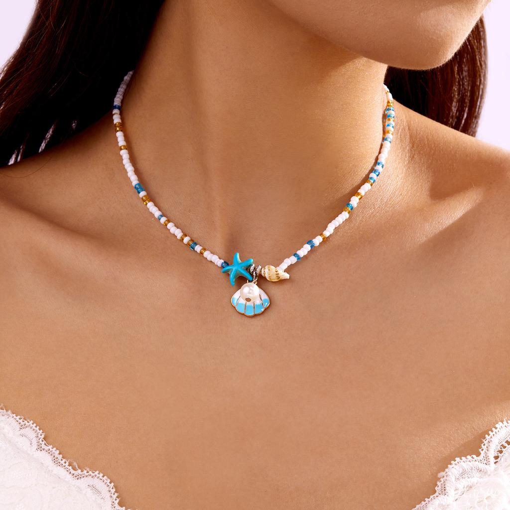 Simple Metal Shell Starfish Pendant Necklace for Women Bohemian Mixed Color Rice Beads Chain Necklace Beach Vacation Jewelry