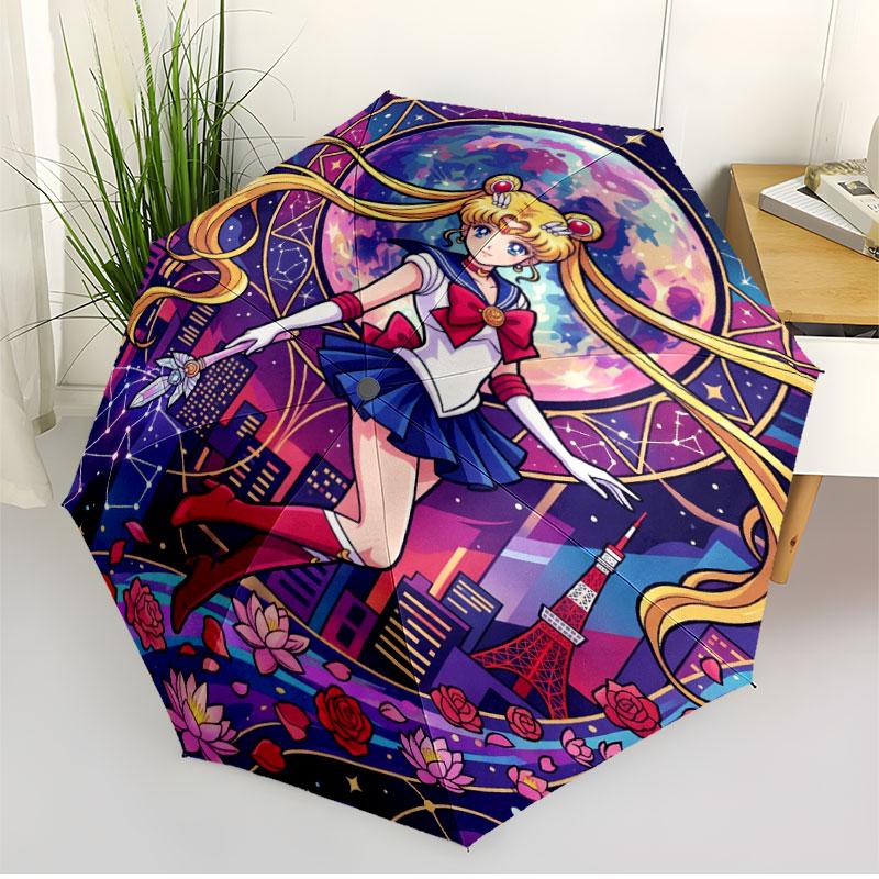 Sailor Moon Print Automatic Open Close Umbrella, Portable Foldable Umbrella, for Outdoor Commute Camping Trip, Ideal Birthday Gift