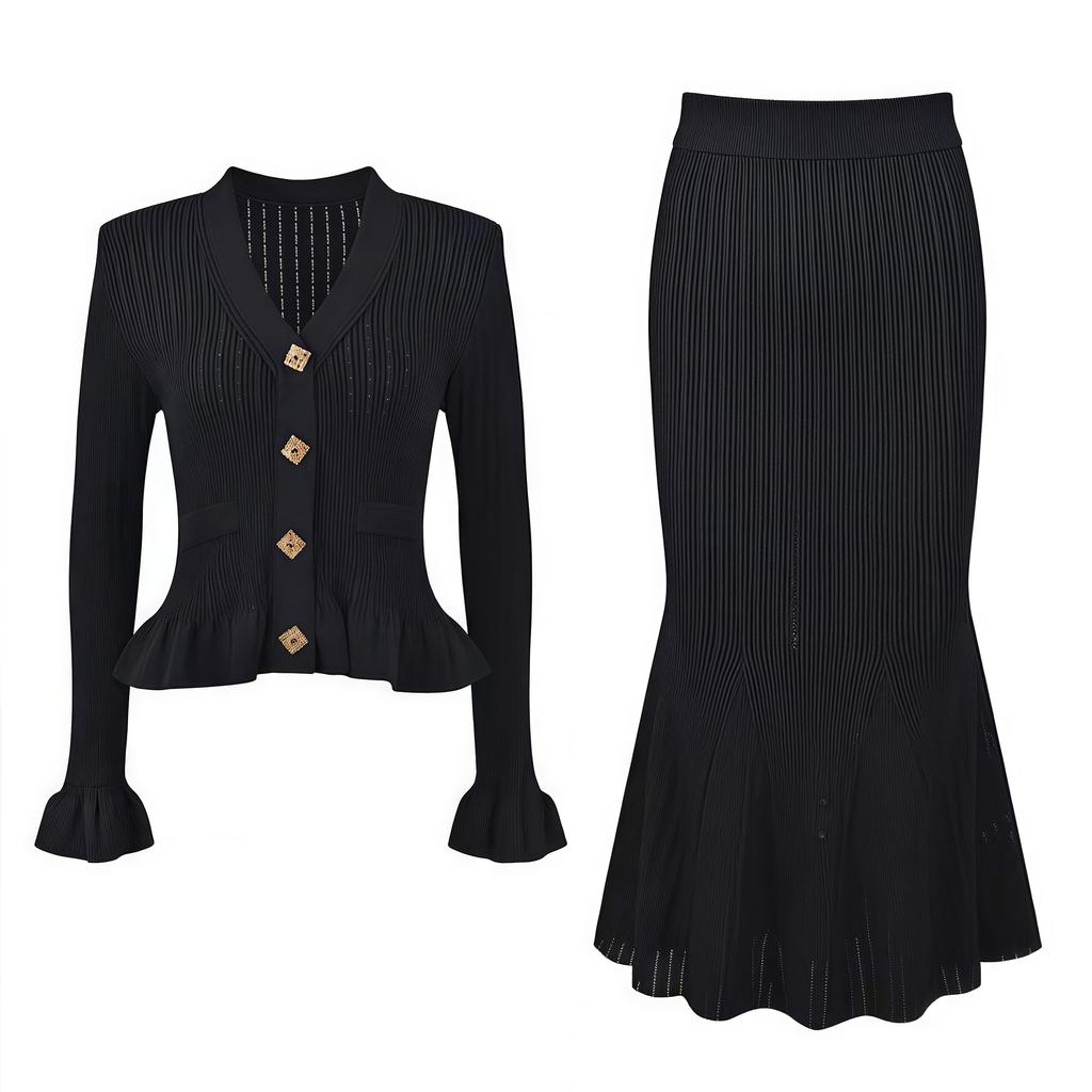 French V-neck Ruffled Long-sleeved Cardigan, Full-skirted Fishtail Dress, Stretch Knitted Two-piece Set