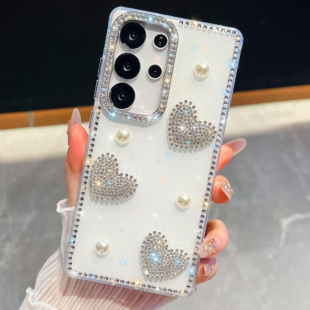 Samsung S265 Ultra Pouzdro na telefon Srdíčko s kamínky a třpytivou perlou, Plné krytí pro Galaxy S25 FE A57, Luxusní design.