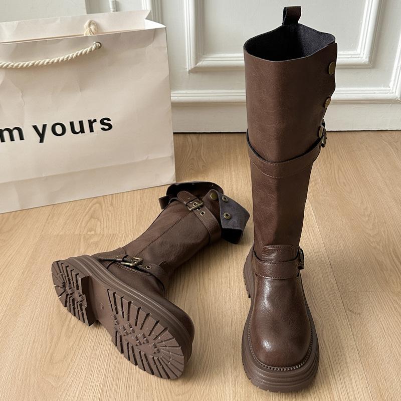 Retro thick-heeled thick-soled boots for women's 2025 autumn and winter new boots, tall and thin belt buckle British knight boots