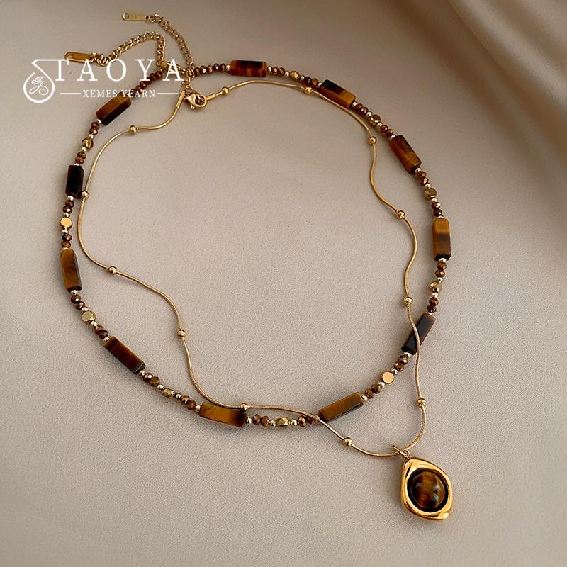 Collier à pendentif multicouche rétro tempérament en pierre œil de tigre pour femmes Acier inoxydable Ensembles de chaînes ras du cou double couche Bijoux