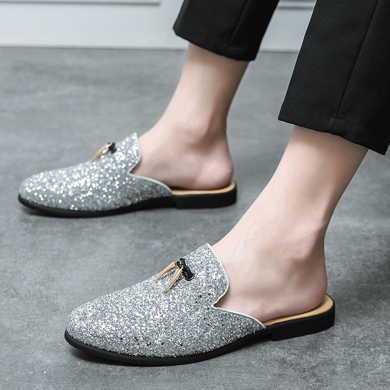 New Luxury Tassels Sequin Half Shoes For Men Designer Mules Casual Slides Slippers Sandals Male Mocassins