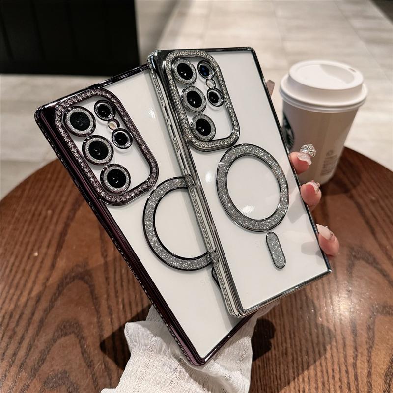 For Samsung Galaxy S25 Ultra Luxury Glitter Magsafe Magnetic Plating Diamond Frame Phone Case For Samsung S22 S23 S24 Plus Cover