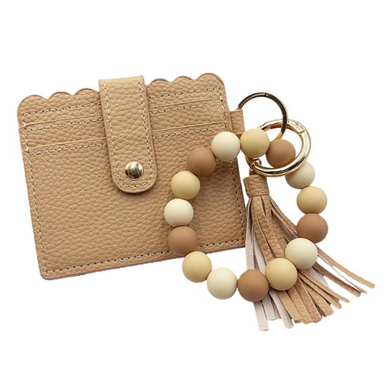 Silicone Bracelet Keychain Wallet Beaded Wristlet Credit Card Holder with Tassel Slim Card Wallet with ID