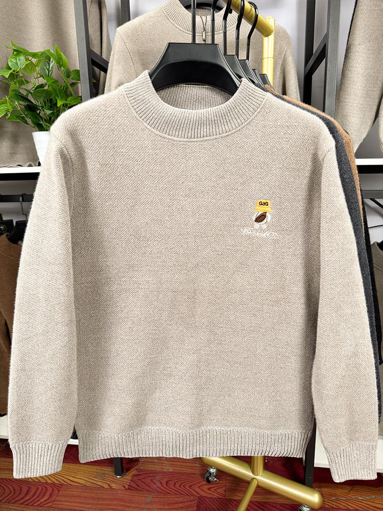 Men's Anti-Pilling Sweater with Fleece, Half-High Collar, New Embroidery, and Warm Knit Base Layer