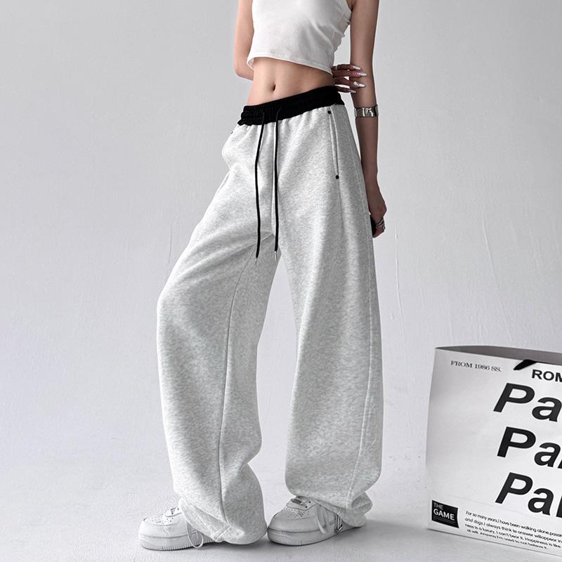 Retro Waist Splicing Casual Pants Women's Spring New Elastic Waist High Waist Straight Pants Versatile Wide-leg Sweatpants