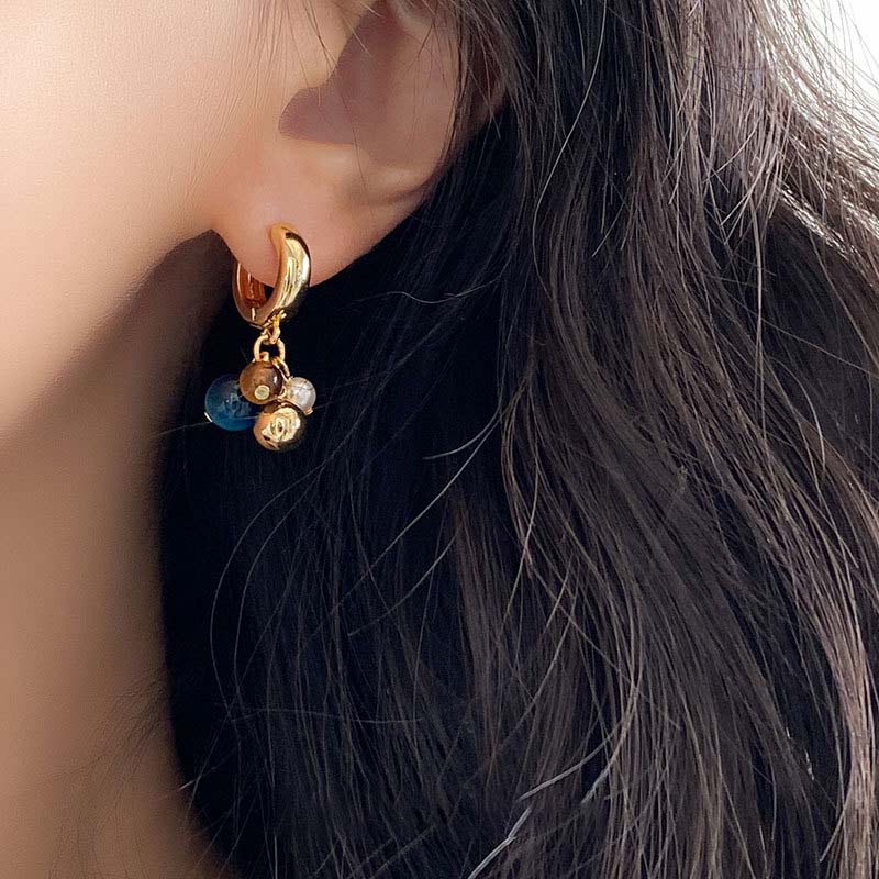 Vintage Natural Stone Colored Round Beads Pendant Gold Earrings Trendy Jewelry Unusual Ear Accessories for Women