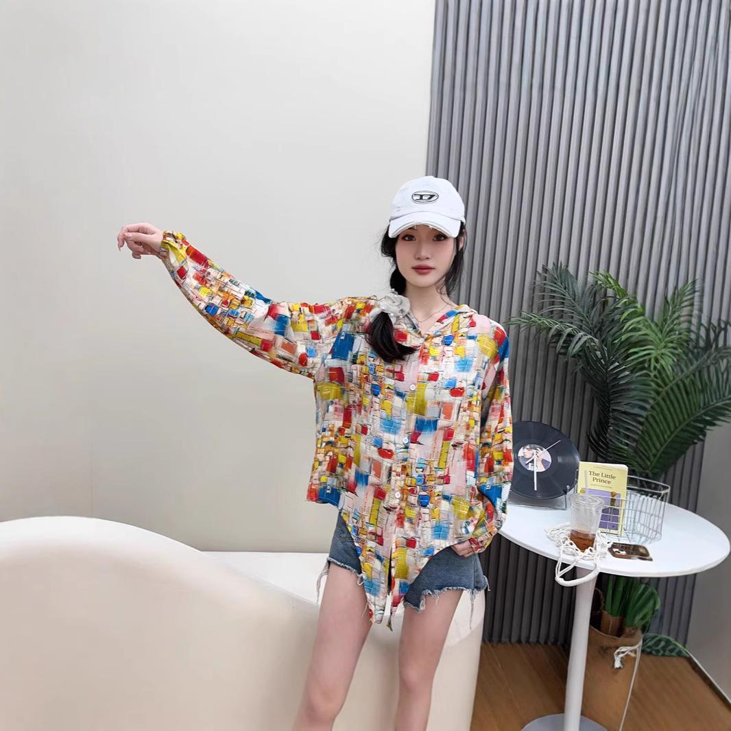 

2025 Floral Hooded Cotton & Rayon Sun Protection Tie-Up Cardigan for Women L
