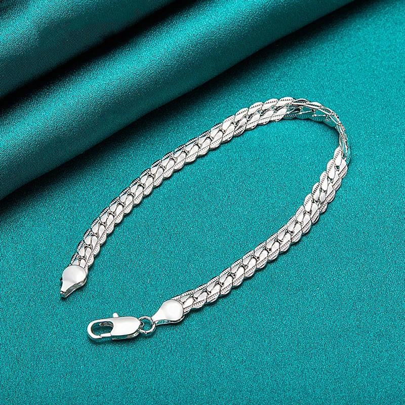 925 Silver Flat Link Chain Bracelet 6mm with Lobster Clasp for Women and Men