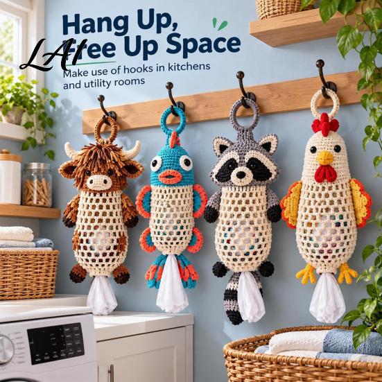 Seasonal Craft Kits Crochet Animal Bag Holder DIY Kit Hanging Plastic Make Easy Patterns Cute Raccoon Highland Cow Organizer for Home Kitchen Decor,