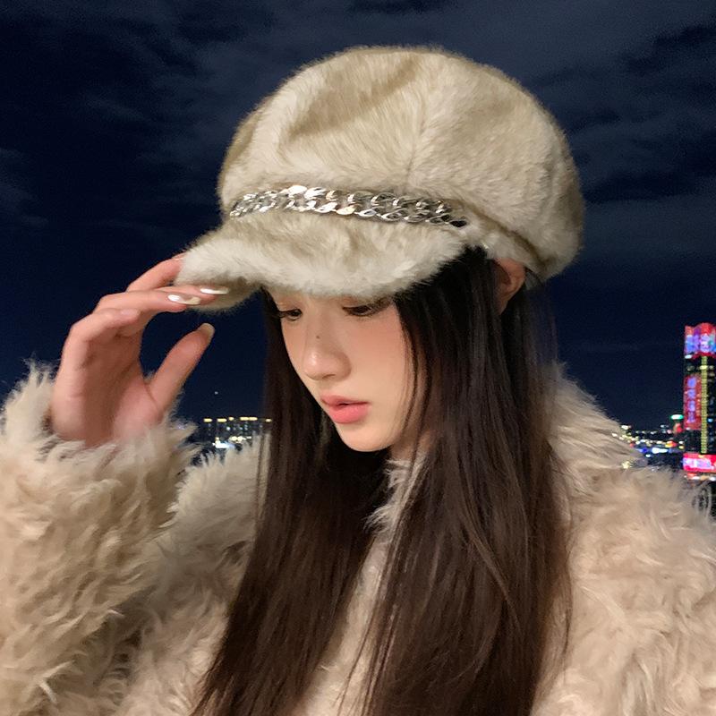 Versatile Imitation Mink Fur Chain Duck Tongue Beret Autumn and Winter Hat for Women Versatile Octagonal Hat Plus Velvet Thickened Warm Hat