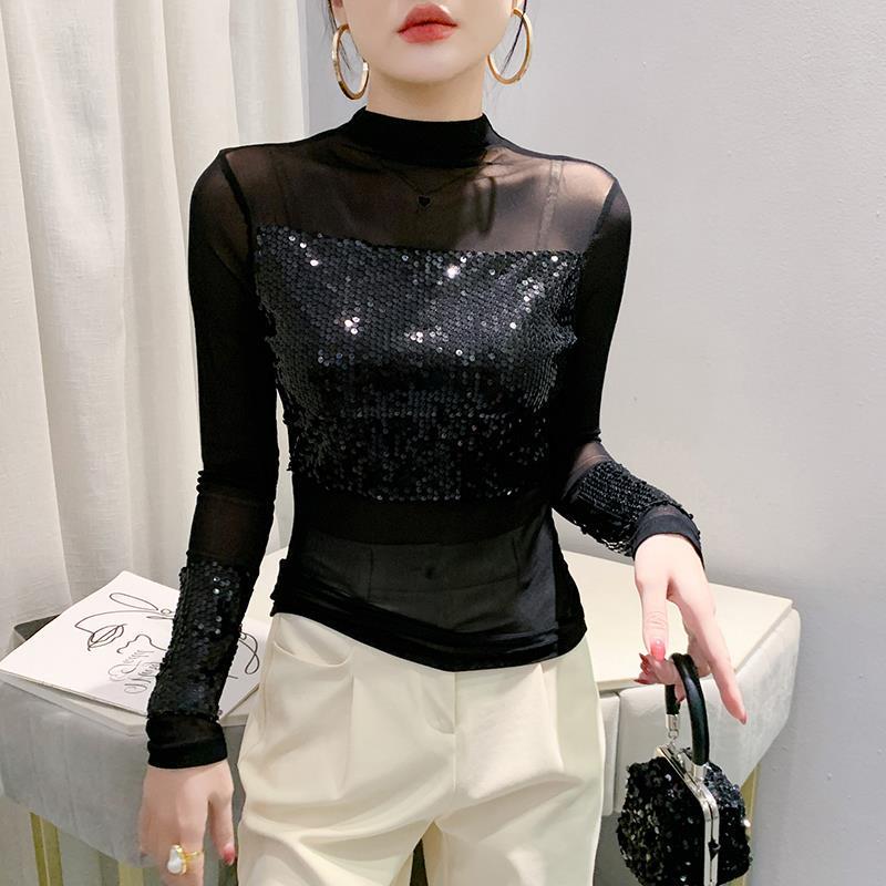 European Style 2024 Sequin Slim Fit Long Sleeve T-shirt for Women